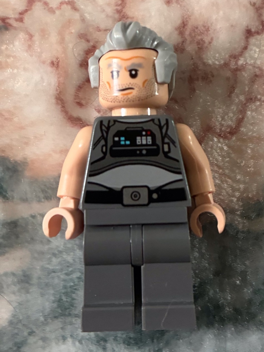 Lego Gray-Haired Male Minifigure with Dark Gray Outfit